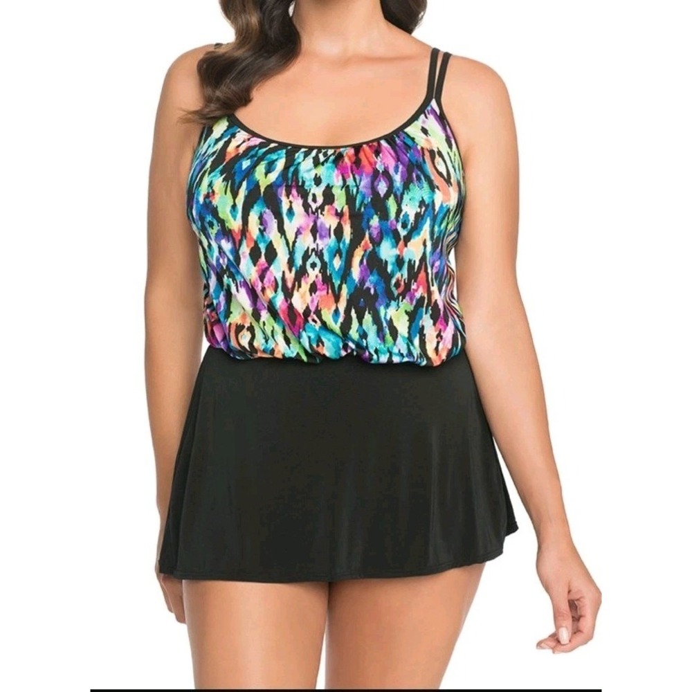 Longitude Plus Size 22W One Piece Swimdress‎ Blouson Ikat Colorful Black Skirted